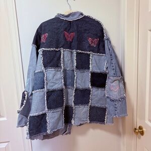 Upcycled Quilt Jean Denim Patchwork Jacket Handmade Butterfly Embroidered DIY